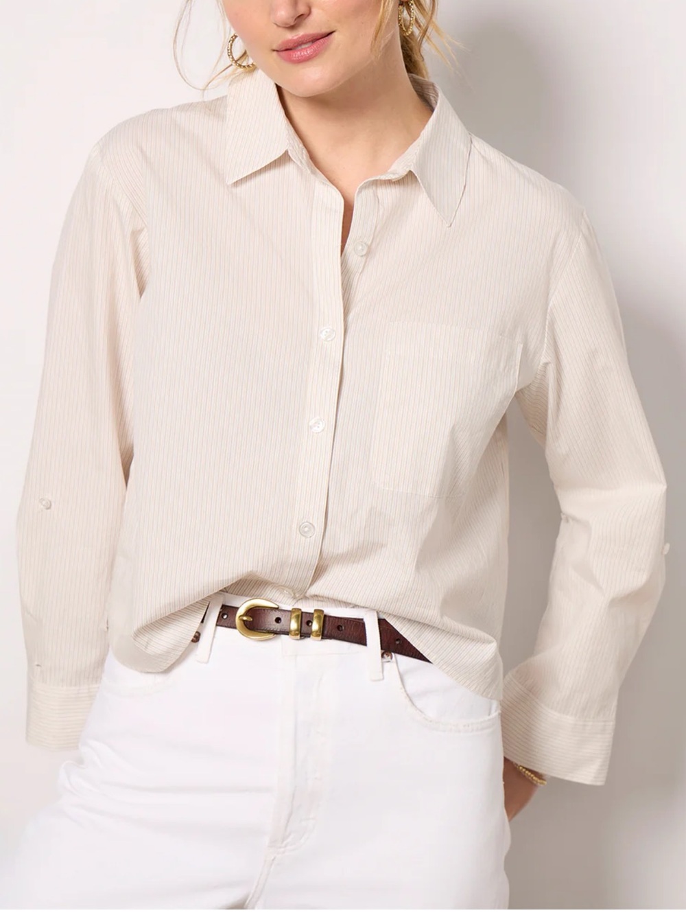 Evereve Cream Pinstripe Button-Up Shirt